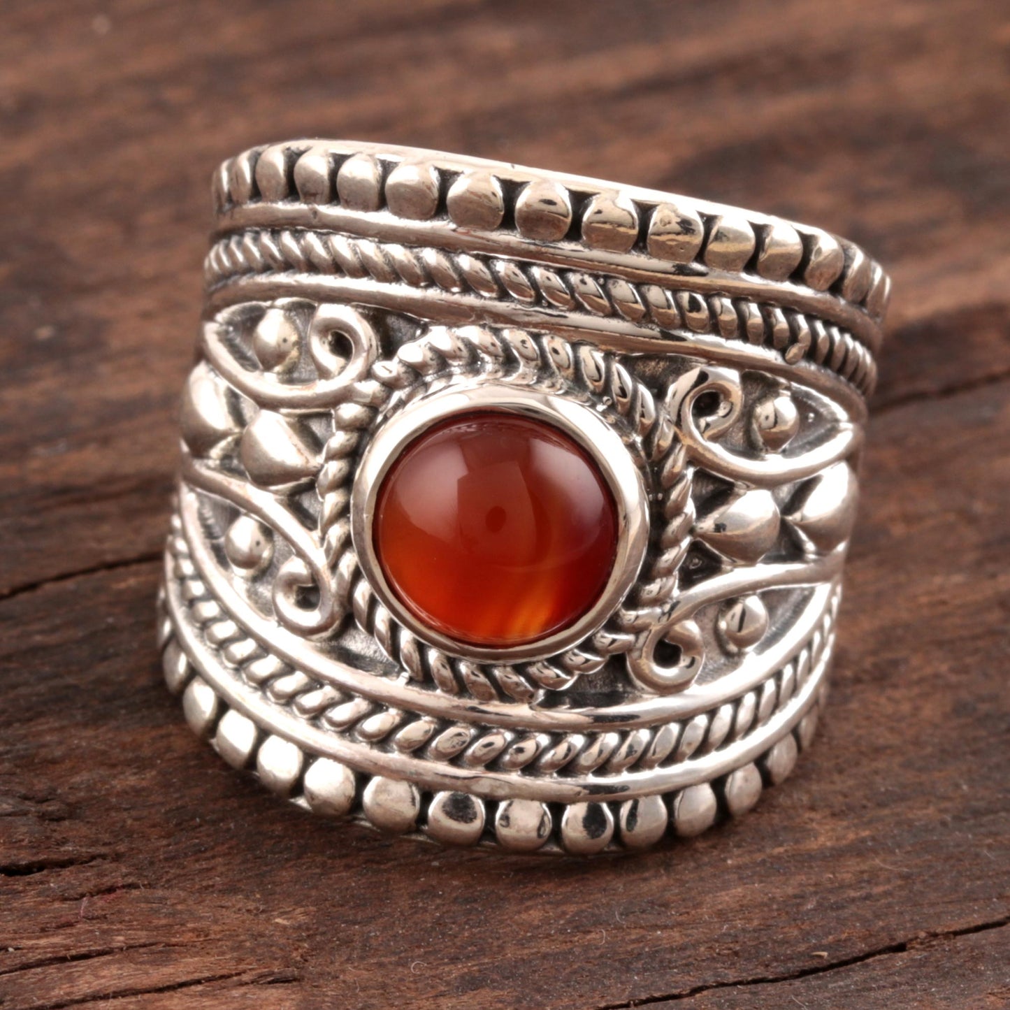 Sunset Dome Red-Orange Onyx Single-Stone Ring from India