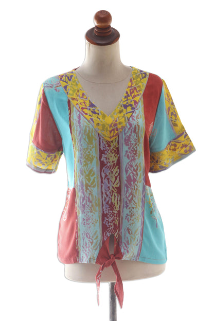 Bali Rainbow Tie-Front Short-Sleeved Rayon Blouse