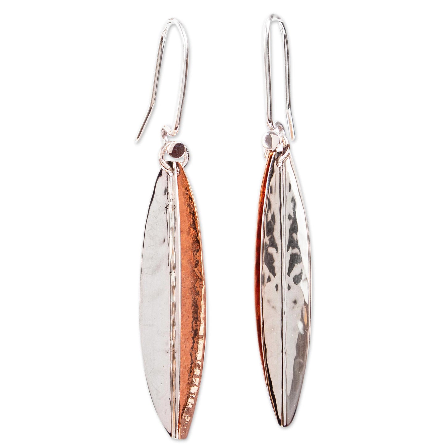Hammered Abstraction Taxco Sterling Silver and Copper Dangle Earrings from Mexico