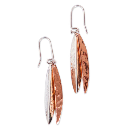 Hammered Abstraction Taxco Sterling Silver and Copper Dangle Earrings from Mexico