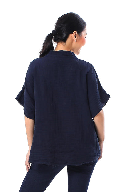 Classic Bloom in Navy Floral Embroidered Cotton Blouse in Navy from Thailand