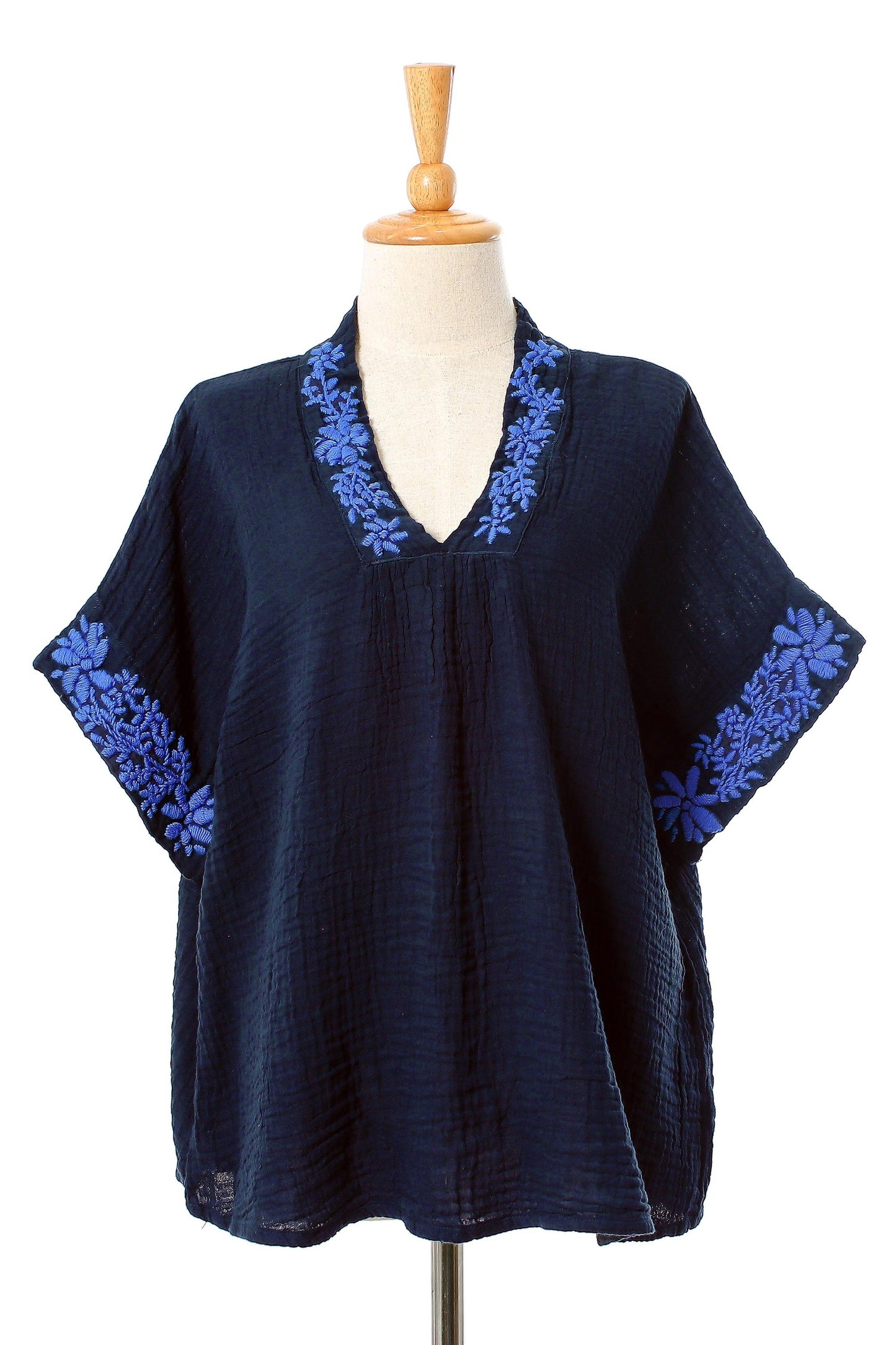 Classic Bloom in Navy Floral Embroidered Cotton Blouse in Navy from Thailand