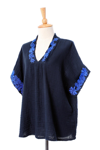 Classic Bloom in Navy Floral Embroidered Cotton Blouse in Navy from Thailand