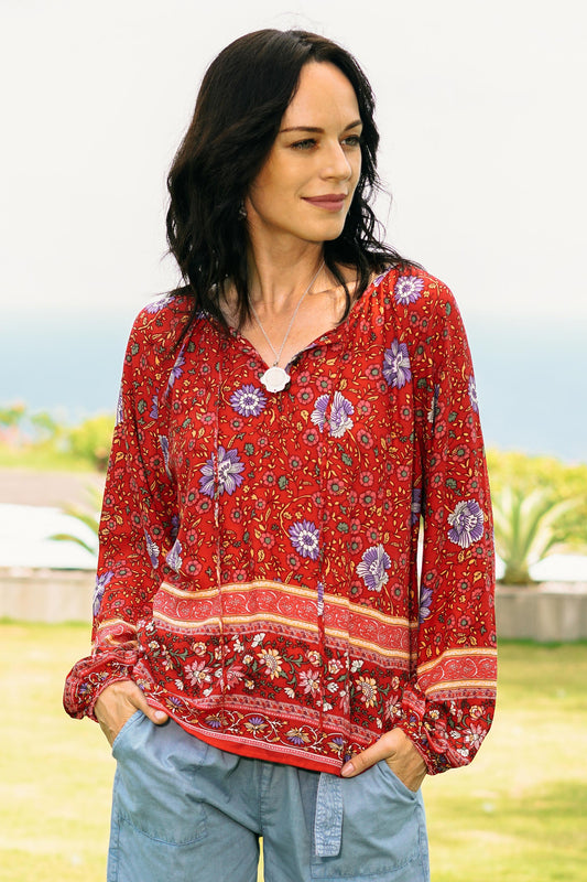 Poppy Garden Floral Rayon Blouse in Poppy Crafted in Thailand