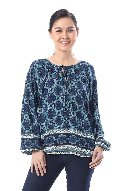 Fascinating Evening Floral Motif Rayon Blouse in Blue from Thailand