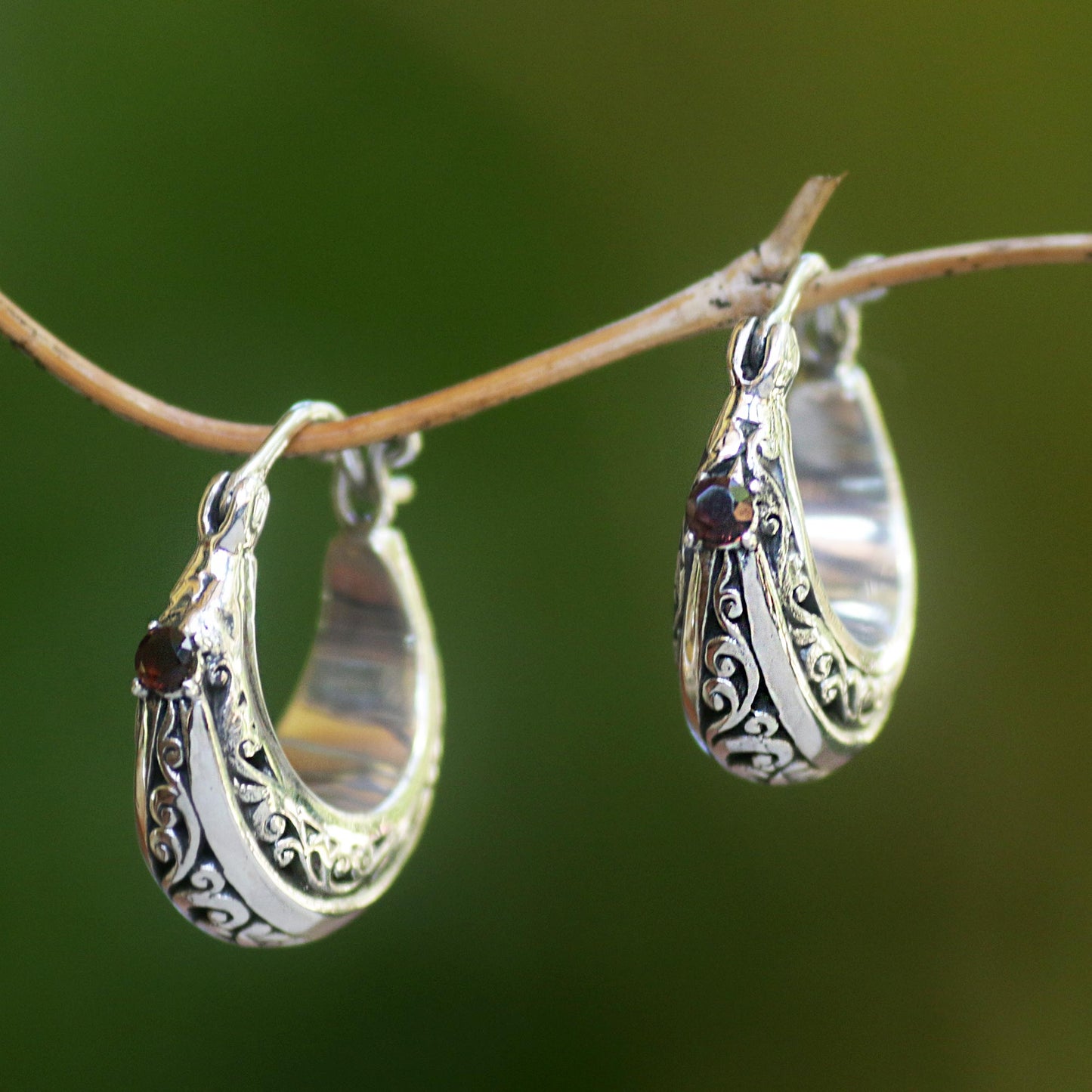 Glimpse of Elegance Swirl Pattern Garnet Hoop Earrings from Java