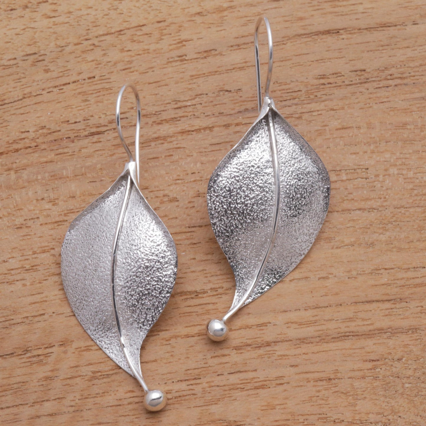 Curved Leaves Modern Leaf-Shaped Sterling Silver Drop Earrings from Bali