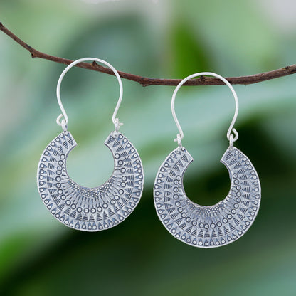 Crescent Patterns Patterned Crescent Sterling Silver Hoop Earrings