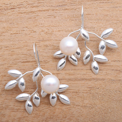 Ripe Leafy Cultured Pearl Drop Earrings from Bali