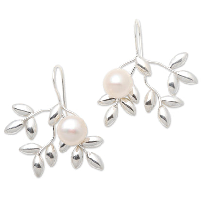 Ripe Leafy Cultured Pearl Drop Earrings from Bali