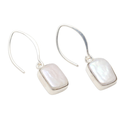 Snowy Rectangles Rectangular Cultured Pearl Dangle Earrings from Bali