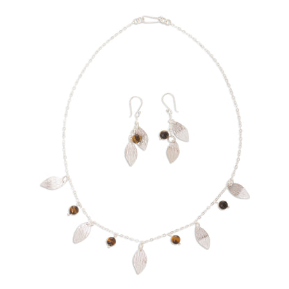 Acorns and Leaves Sterling Silver Leaves Tiger's Eye Necklace and Earrings Set