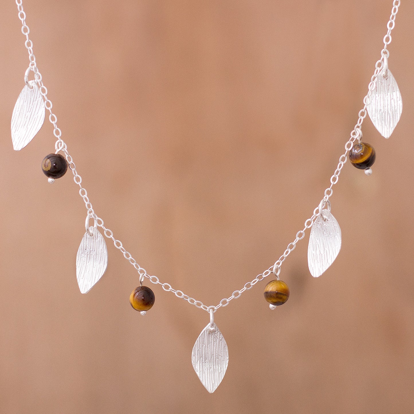 Acorns and Leaves Sterling Silver Leaves Tiger's Eye Necklace and Earrings Set