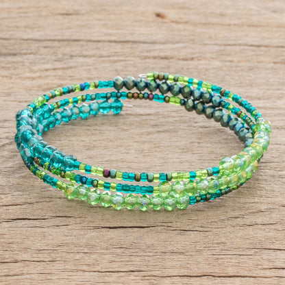 Ocean Siren Glass and Crystal Beaded Wrap Bracelet in Green