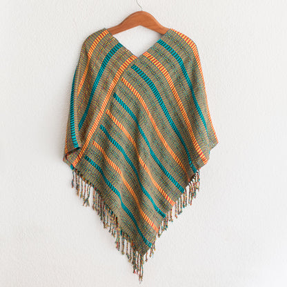 Beach Stripes Handwoven Striped Cotton Poncho from Guatemala