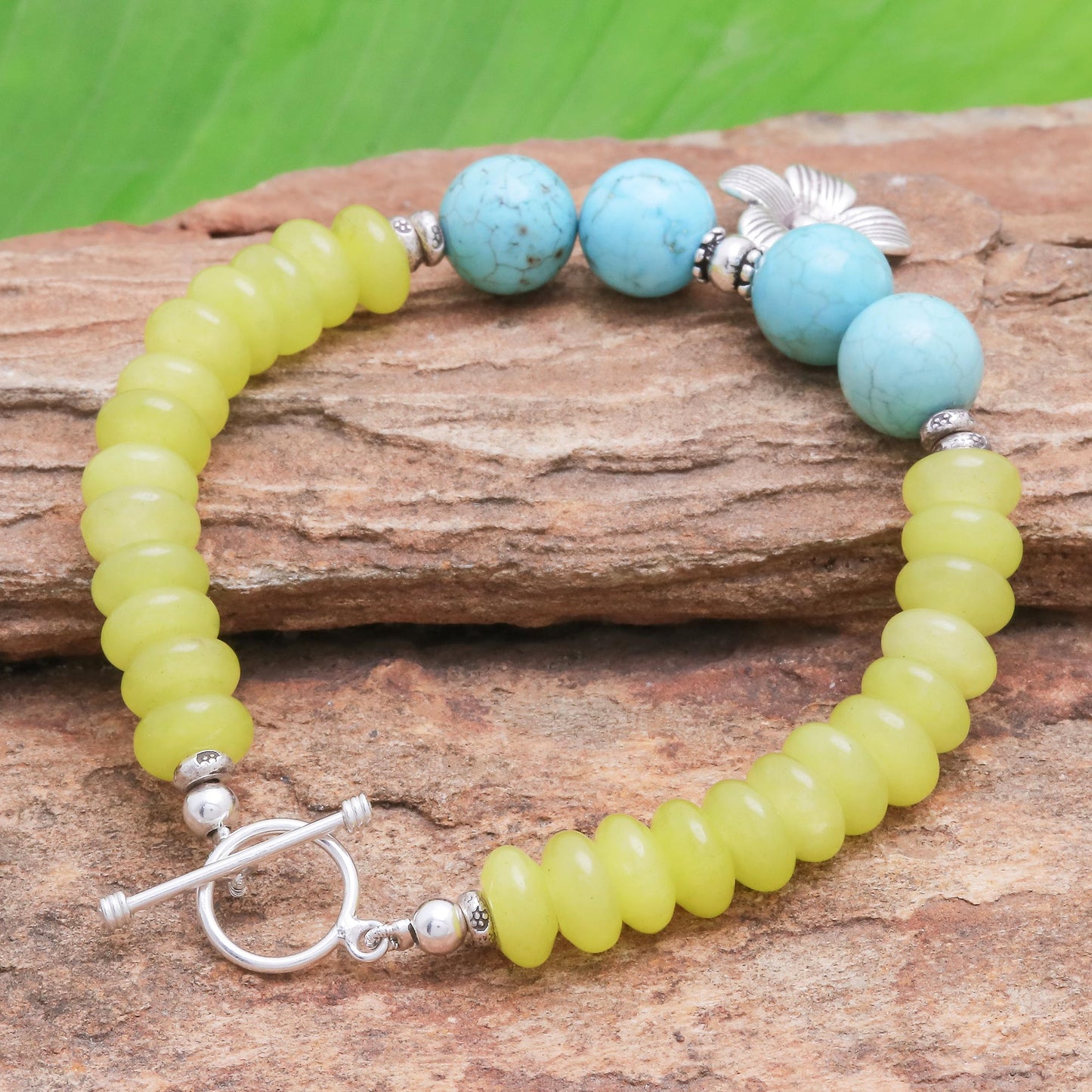 Daisy in the Sunshine Yellow Agate Bracelet with Hill Tribe Silver Flower Charm