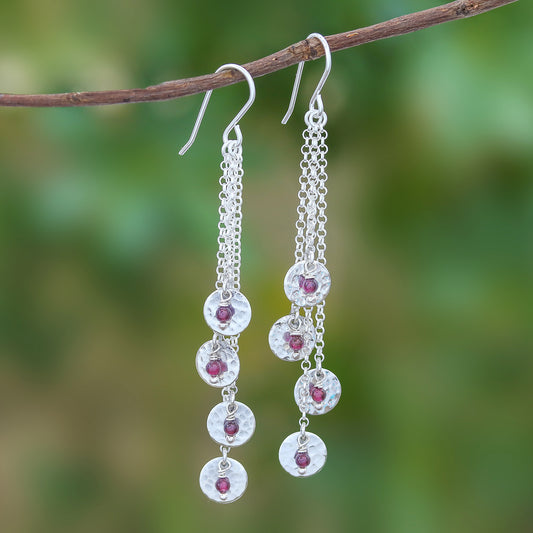 Song of Rain Circle Pattern Modern Garnet Dangle Earrings from Thailand