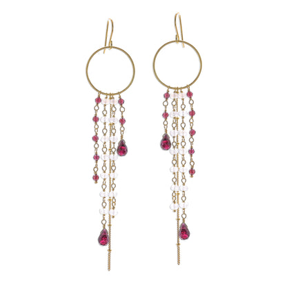 Luxurious Rain Gold Plated Garnet and Rainbow Moonstone Waterfall Earrings