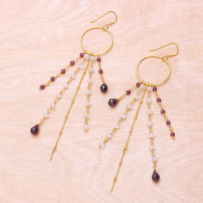 Luxurious Rain Gold Plated Garnet and Rainbow Moonstone Waterfall Earrings