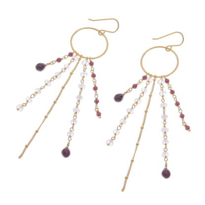 Luxurious Rain Gold Plated Garnet and Rainbow Moonstone Waterfall Earrings