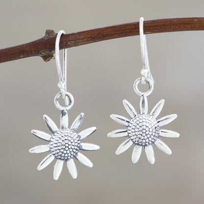 Sunflower Glitter Sterling Silver Sunflower Dangle Earrings from India