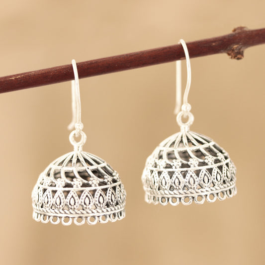 Intricate Jhumki Openwork Sterling Silver Jhumki Dangle Earrings from India