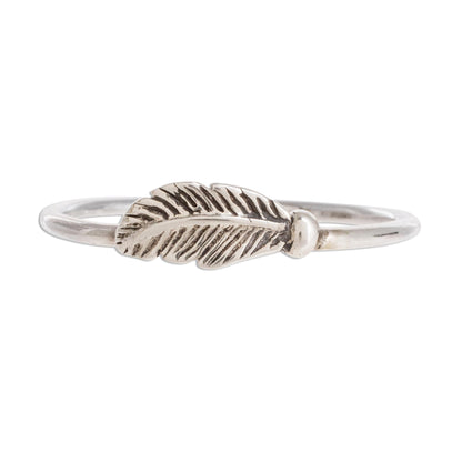 Fallen Feather Slender Sterling Silver Band Ring with Feather