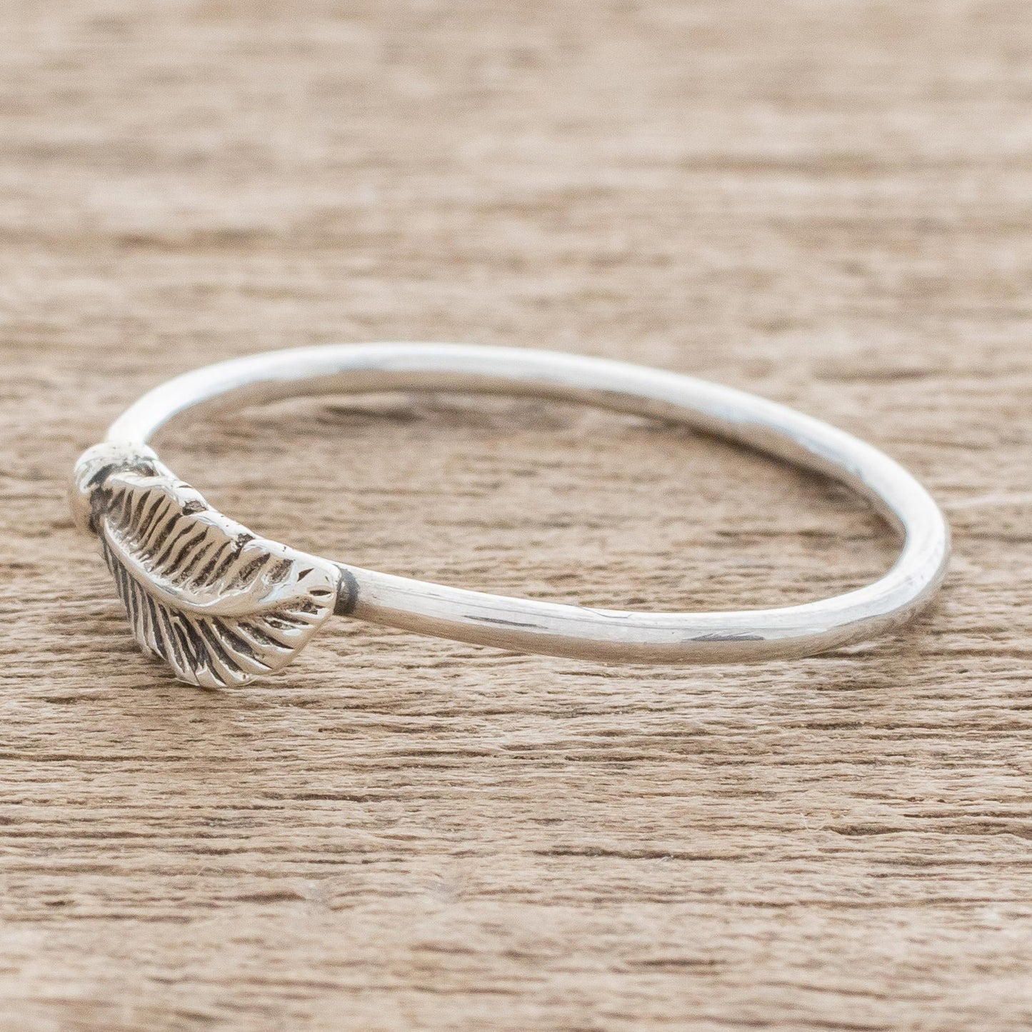 Fallen Feather Slender Sterling Silver Band Ring with Feather