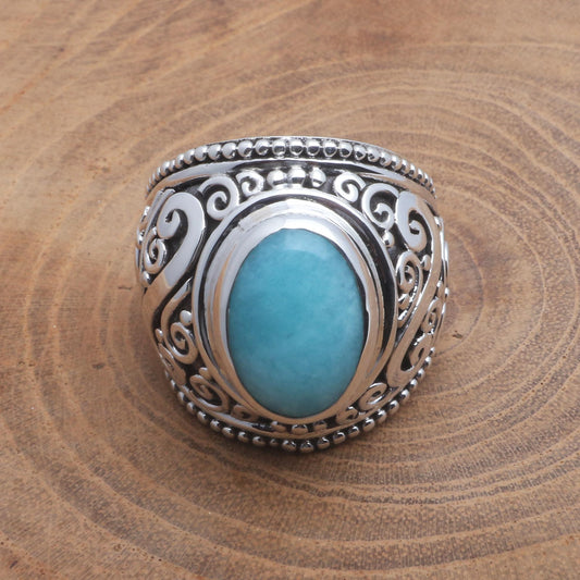 Misty Temple Oval Amazonite Sterling Silver Scroll Motif Cocktail Ring