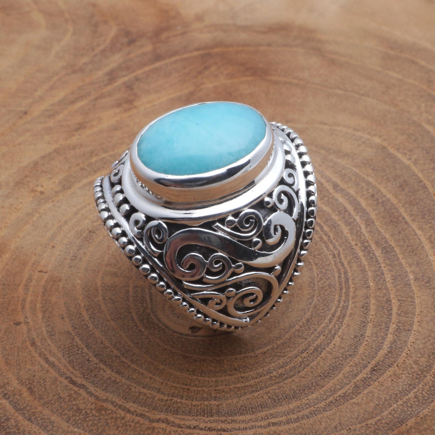 Misty Temple Oval Amazonite Sterling Silver Scroll Motif Cocktail Ring