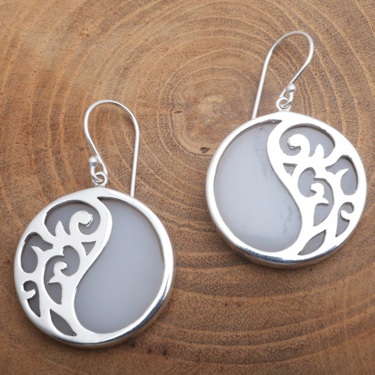 Elegant Yin and Yang Sterling Silver and Resin Dangle Earrings from Bali