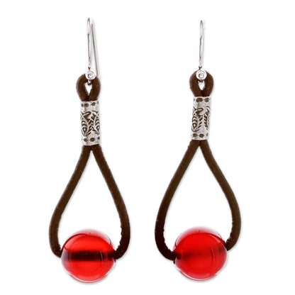 Spring Passion Carnelian and Karen Silver Dangle Earrings with Leather