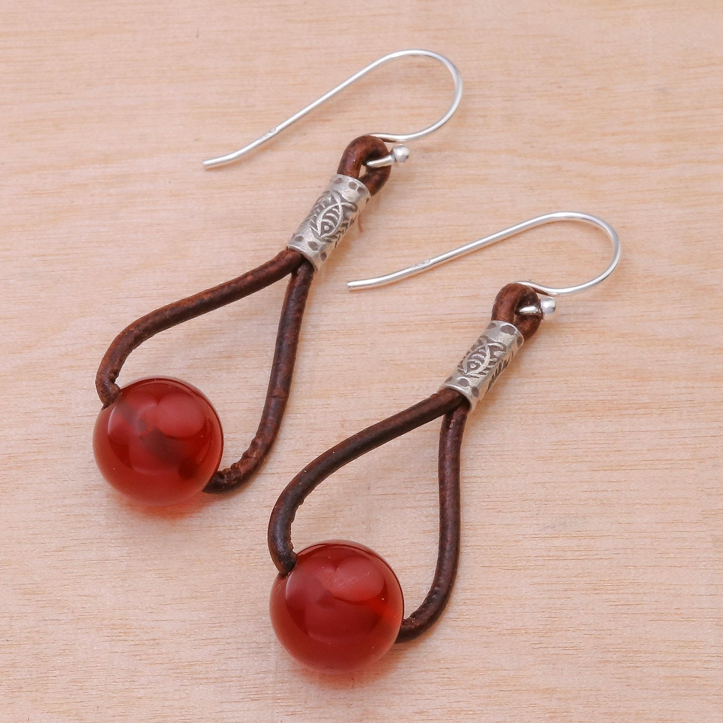 Spring Passion Carnelian and Karen Silver Dangle Earrings with Leather