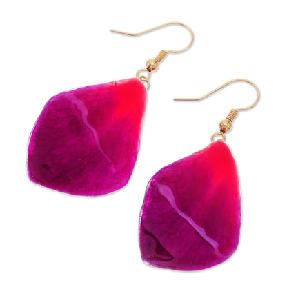 Petal Rain Natural Orchid Flower Dangle Earrings in Magenta