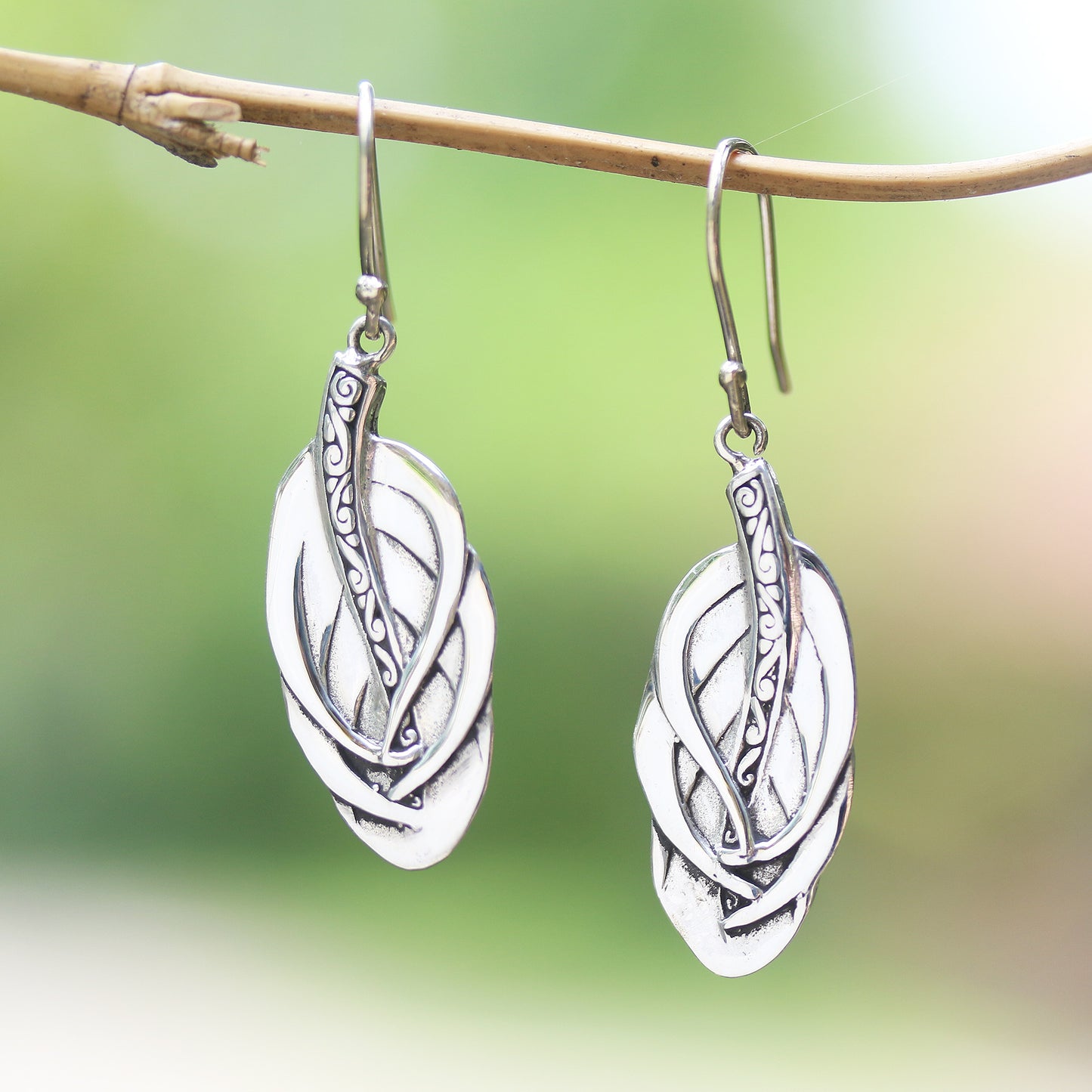 Tufted Feathers Feather-Shaped Sterling Silver Dangle Earrings from Bali