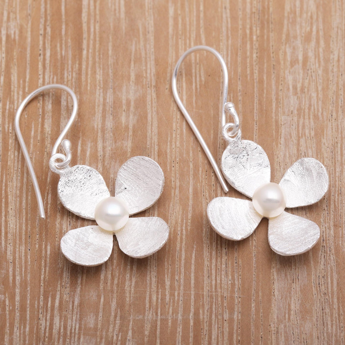 Mother's Day Blossom Floral Earrings of Brushed Silver and White Cultured Pearl