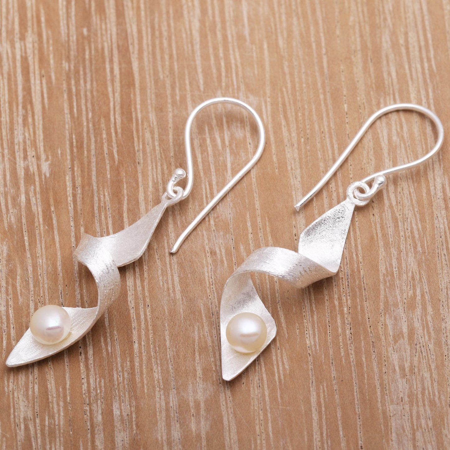 Ribbon Whirl Brushed Sterling Silver Earrings with White Cultured Pearl