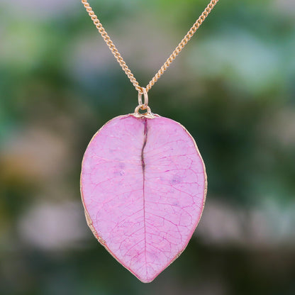 Bougainvillea Love in Pink Gold Accented Natural Flower Pendant Necklace in Pink