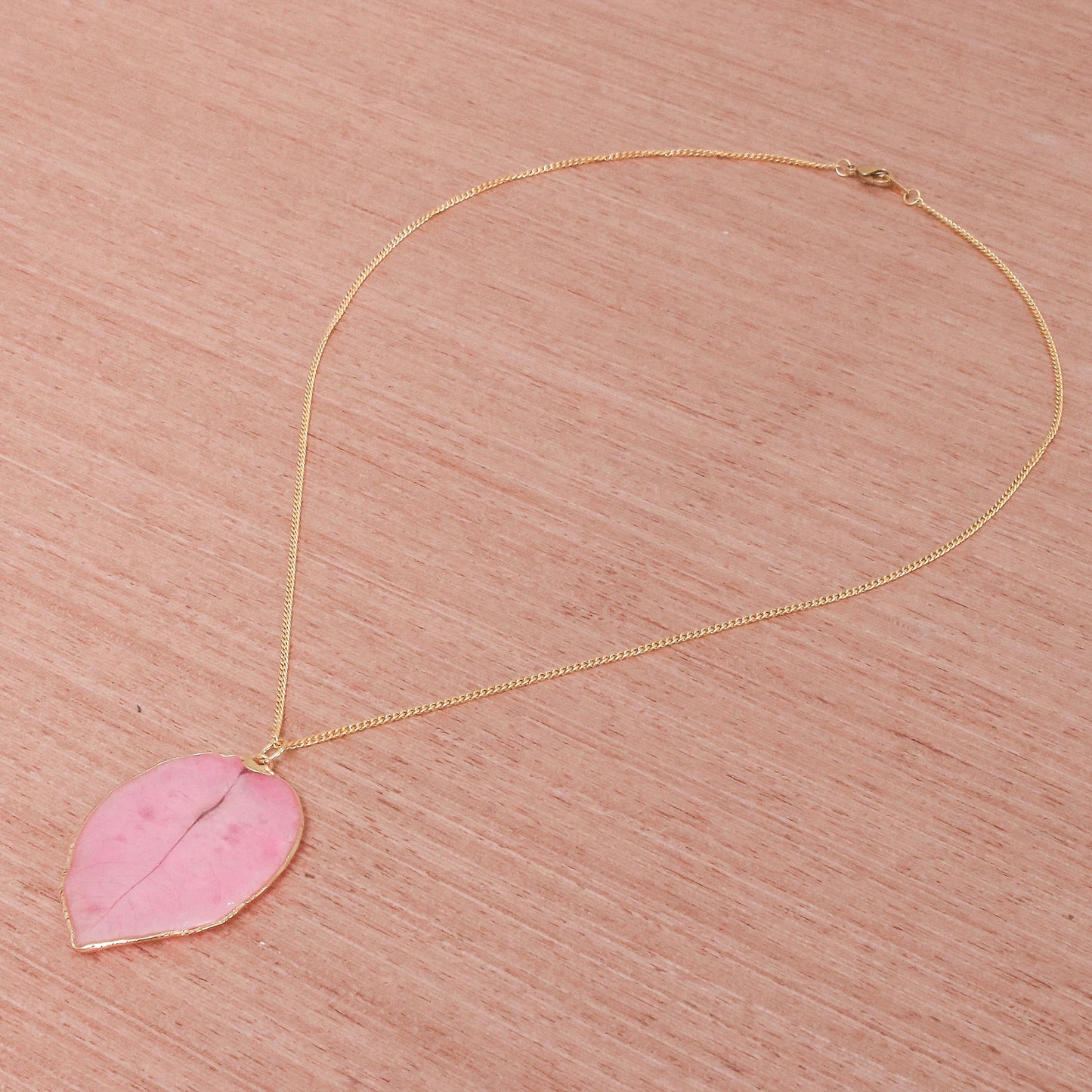 Bougainvillea Love in Pink Gold Accented Natural Flower Pendant Necklace in Pink