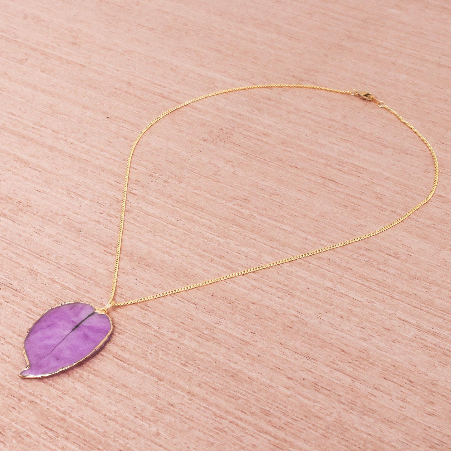 Bougainvillea Love in Purple Gold Accented Natural Flower Pendant Necklace in Purple