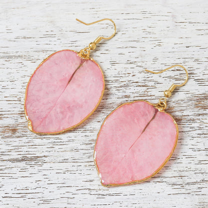 Bougainvillea Love in Pink Gold Accented Natural Flower Dangle Earrings in Pink