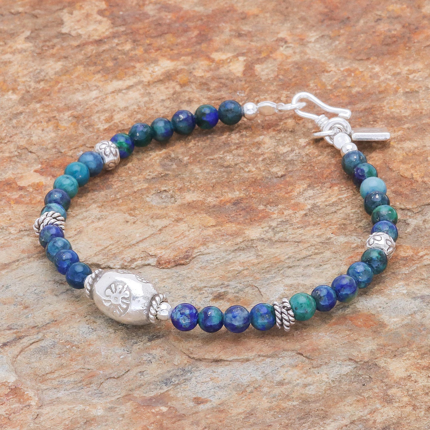 Ocean Garden Azure-Malachite and Karen Silver Beaded Bracelet