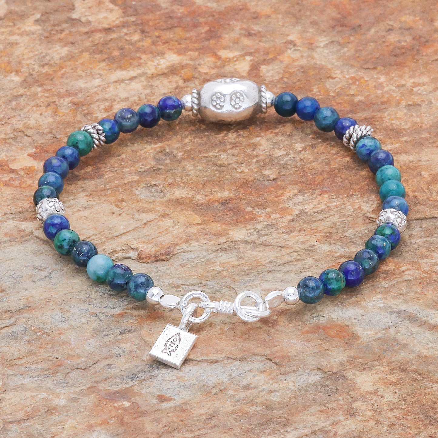 Ocean Garden Azure-Malachite and Karen Silver Beaded Bracelet