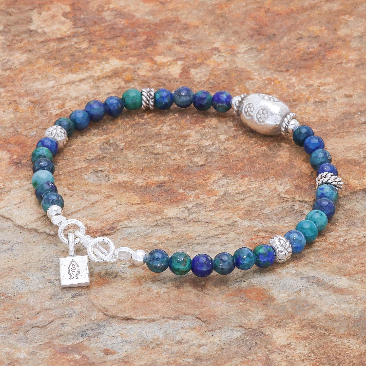 Ocean Garden Azure-Malachite and Karen Silver Beaded Bracelet