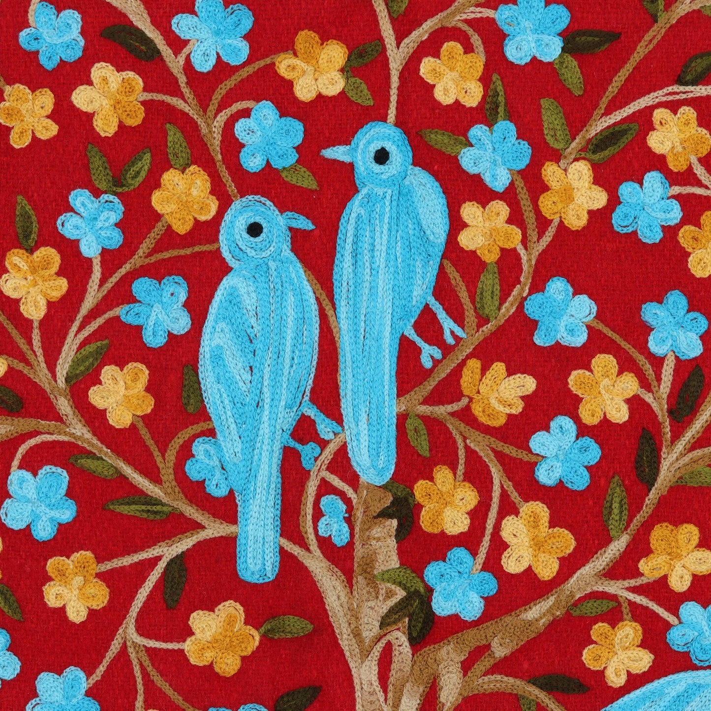 Abode of Birds II Bird-Themed Wool Chain Stitch Tapestry from India