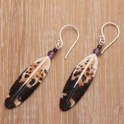 Fascinating Feathers Feather-Shaped Bone and Amethyst Dangle Earrings from Bali