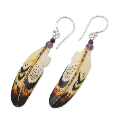 Delightful Feathers Hand-Carved Bone and Amethyst Feather Dangle Earrings