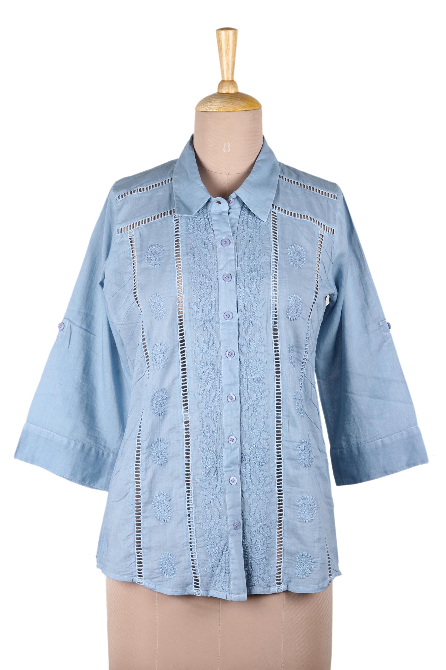 Elegant in Sky Blue Artisan Designed Sky Blue Embroidered Cotton Blouse