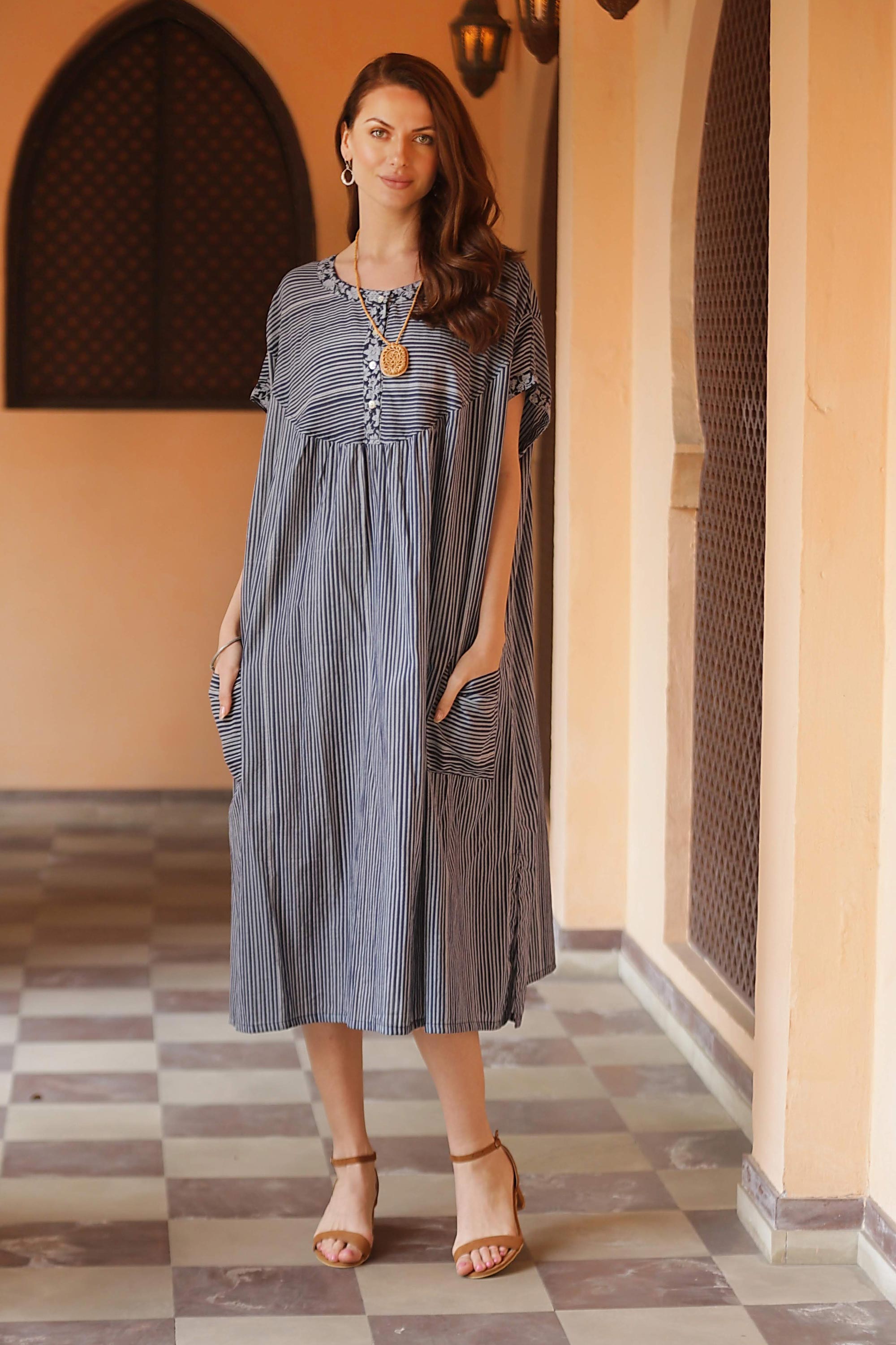 Stripes and Flowers Dark and Light Blue Striped Cotton Caftan Dress |  GreaterGood