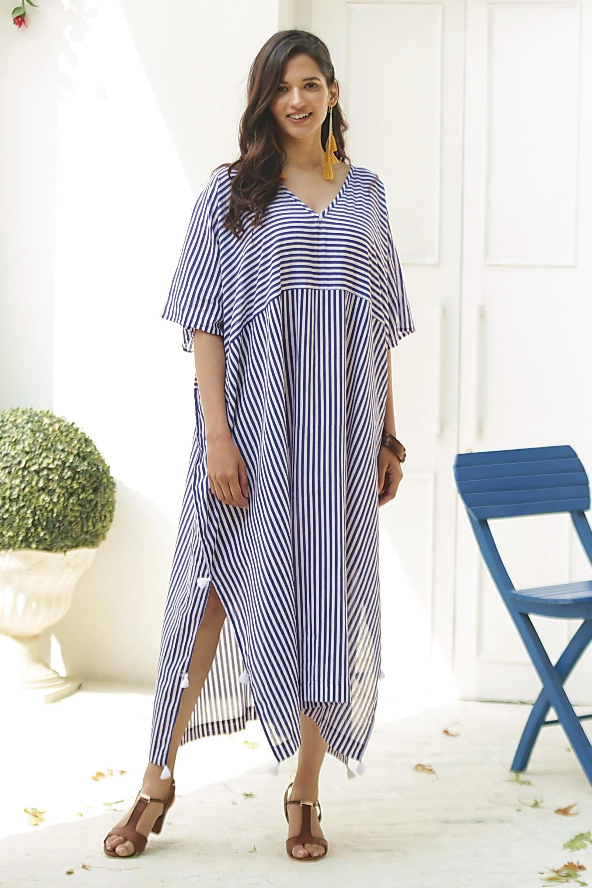 NOVICA Delhi Stripe Relaxed Striped Cotton Caftan Dress | GreaterGood NOVICA Delhi Stripe Relaxed Striped Cotton Caftan Dress | GreaterGood